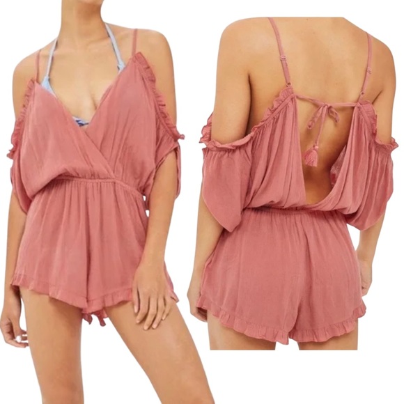 NWOT Topshop Rust Pink Coral Ruffle Hem Tie Back Cold Shoulder Slouchy Sleeve - Picture 2 of 12